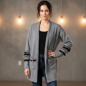Andthewhy Women's Size Small Gray Raw Fringe Pompom Sleeves Open-Front Cardigan
